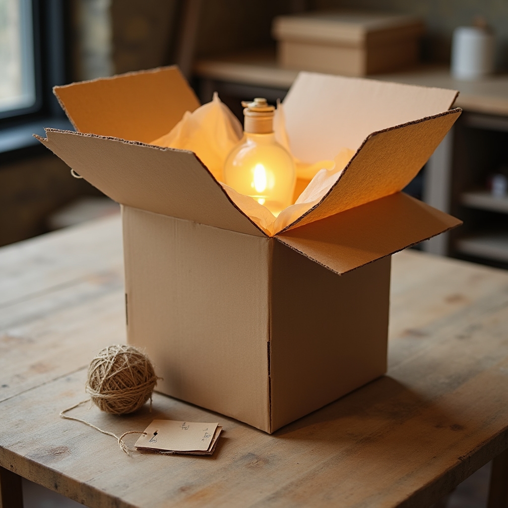 Caja de embalaje artesanal abierta mostrando una lámpara de mesa envuelta en papel reciclado