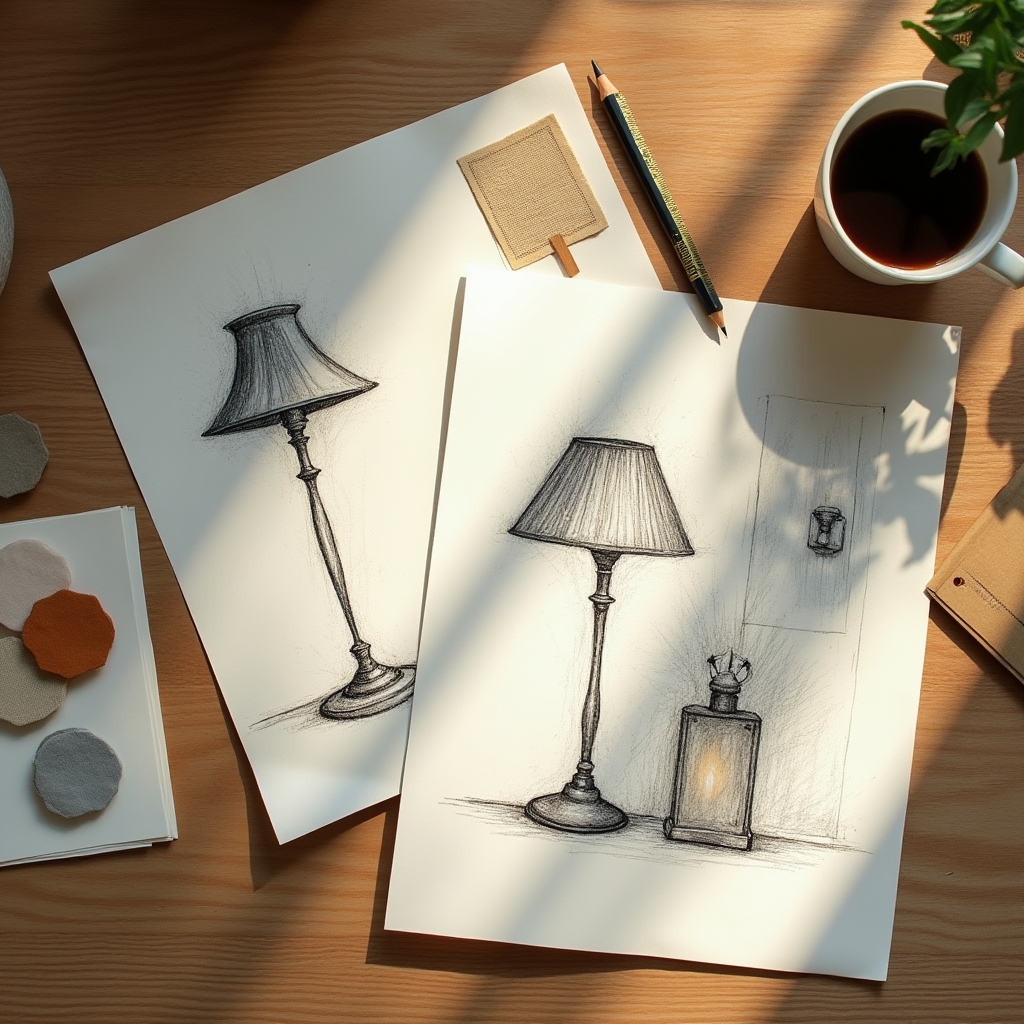 Bocetos de nuevas lámparas de mesa sobre una mesa de diseño junto a muestras de madera